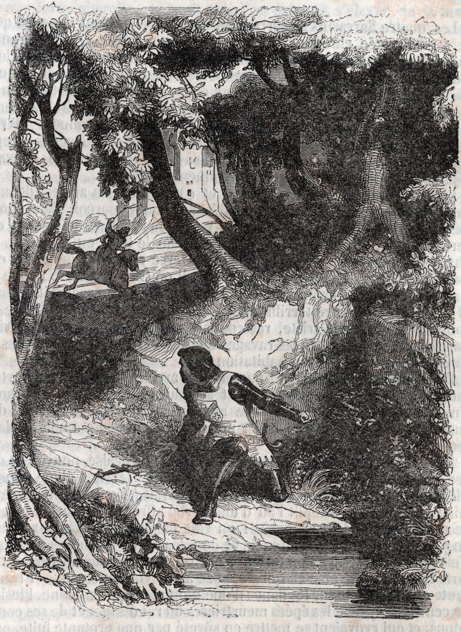 Astolphe på kanten av en fontän - gravyr från 1851 från "" Furious Roland"" (Orlando furioso) (1500-talet) av Ludovico Ariosto, känd som Ariosta - Upplaga översatt från italienska av greven av Tressan och publicerad av Gustave Harvard 1851 av Unknown artist