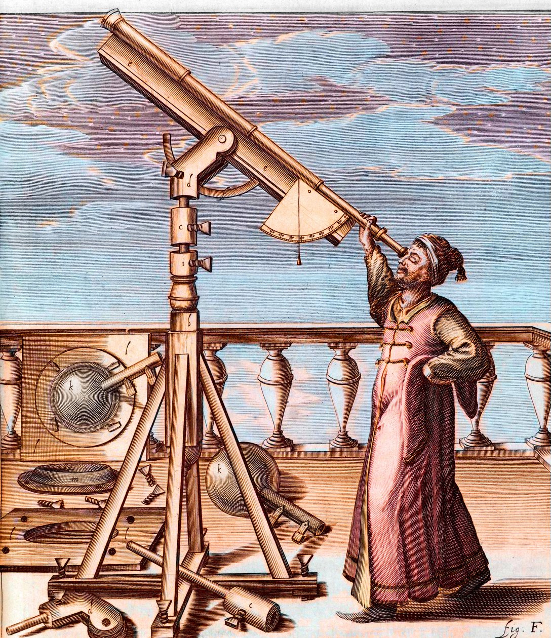 Astronom observerar himlen med ett teleskop - från: Johannes Hevelius (1611-1687), Selenographia, sive Lunae descriptio (Selenography, or A Description of the Moon) av Unknown artist