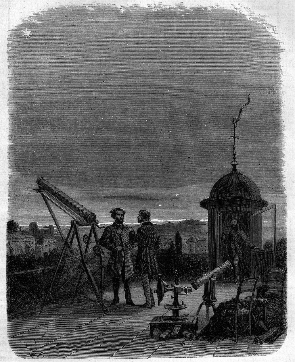 Astronomer observerar med sina astronomiska glasögon planeten Merkurius på himlen i Paris, 17 februari av Unknown artist