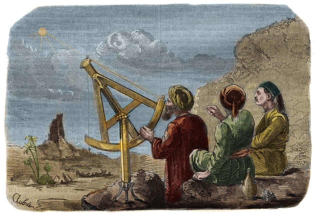 Astronomi: Arabiska forskare höjer solens höjd i Babylons slätt runt 825. De använder en kvartscirkel med stift. Gravyr från 1857 i "" Le Musee Des Sciences"" av Unknown artist
