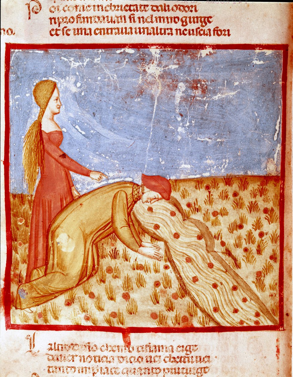 Vid ingången till Paradiset möter Dante Mathelda och dricker vatten från Eunoefloden, vilket gör minnet av goda saker fullbordat. Upplyst sida som illustrerar en sång om Paradiset från "Divina Commedia" av Dante Alighieri (1265-1321). 14:e c av Unknown artist