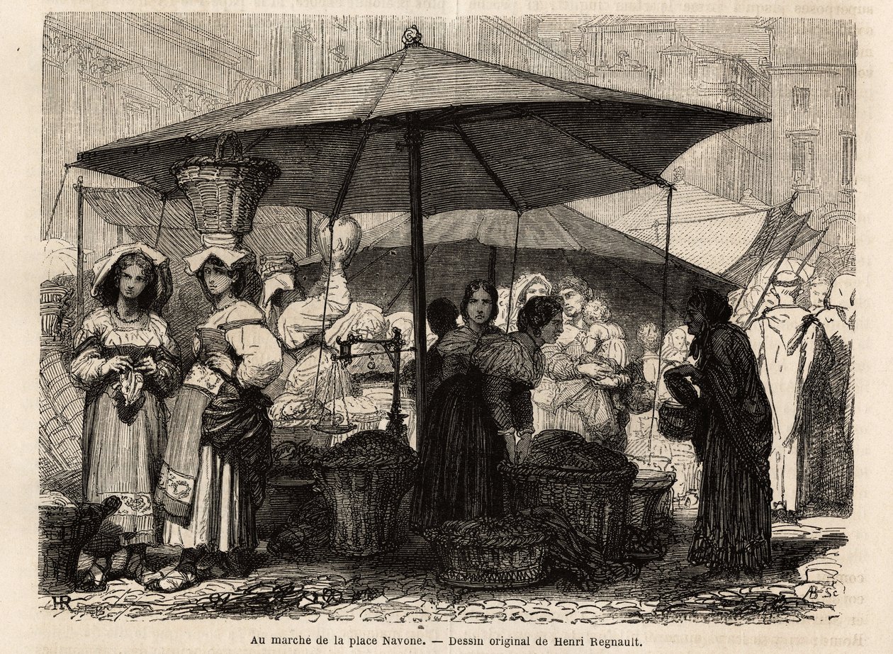 Vid foten av Piazza Navona, Rom (Italien). Gravyr för att illustrera resan till Rom, av Francis Wey, 1864-1868, publicerad i "Le tour du monde, nouveau journal des voyages", under ledning av Edouard Charton av Unknown artist