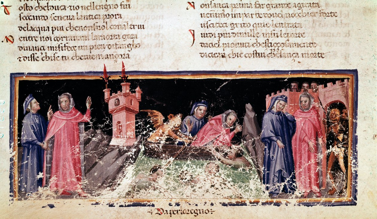 Till vänster står Dante och Virgil på stranden av floden Styx, Acherons dystra strand. I centrum färjor Charon Dante och Virgil, som ser väldigt oroliga ut (låt 3 från Hell, in the Divine Comedy) - miniatyr av Unknown artist