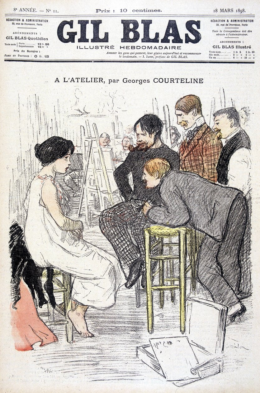 På workshopen av Georges Courteline. Man tittar på en kvinna poserar i en verkstad. I "" Gil Blas"", den 18/03/1898. av Unknown artist