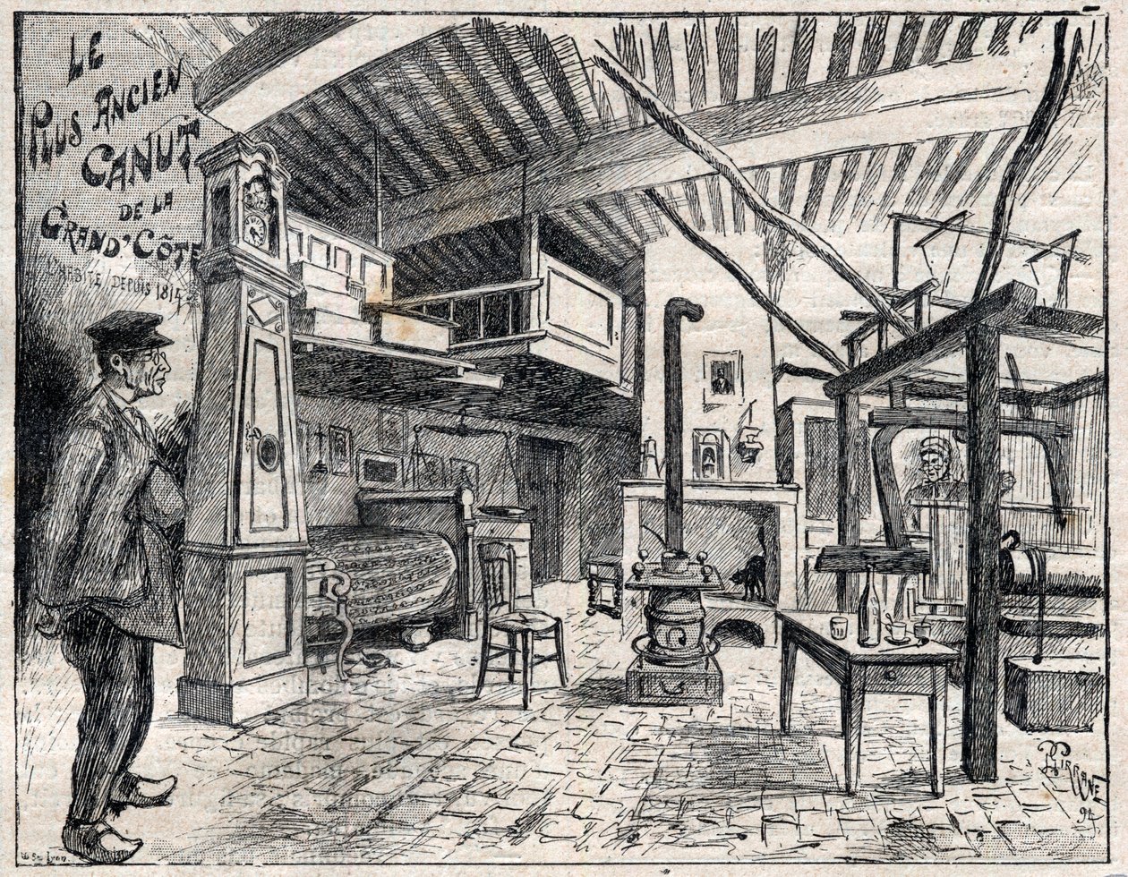 Atelier de Canut a Lyon - den äldsta canut i Grand Cote sedan 1814 gravyr i "Le Progres illustrious"" från 1895 av Unknown artist