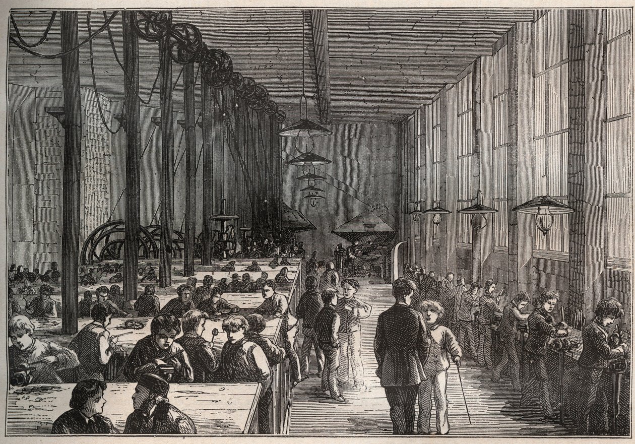 Järnverkstad - kommunal lärlingsskola på boulevard de la Villette i Paris 1875 - gravyr av Unknown artist