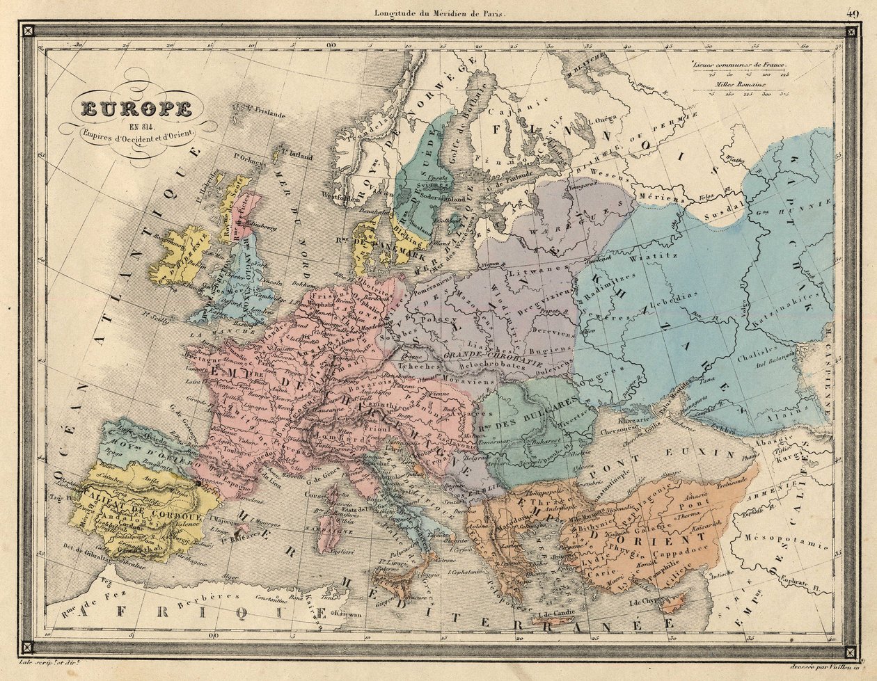 Atlas of Europe 814: Empires of the West and the East. Planen hämtar från "" Universal Atlas of Ancient and Modern Geography"" av Vuillemin. sd. omkring 1851. av Unknown artist