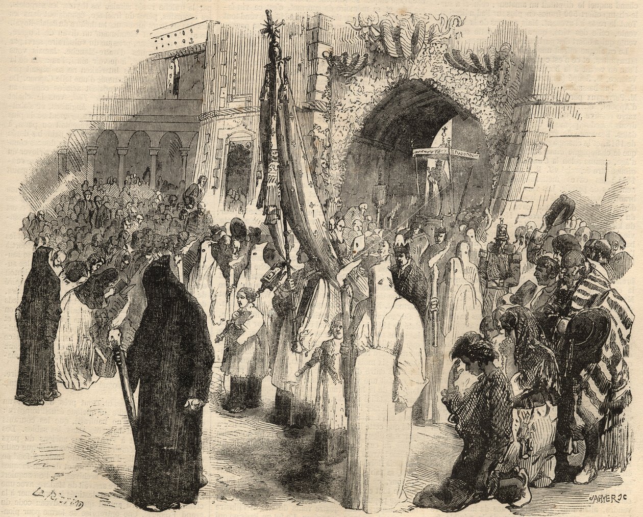Försoningståg för upphörande av gula febern i Lissabon, Portugal 1857. Gravyr i "Le Monde illustrious"" från 1857. Privat samling. av Unknown artist