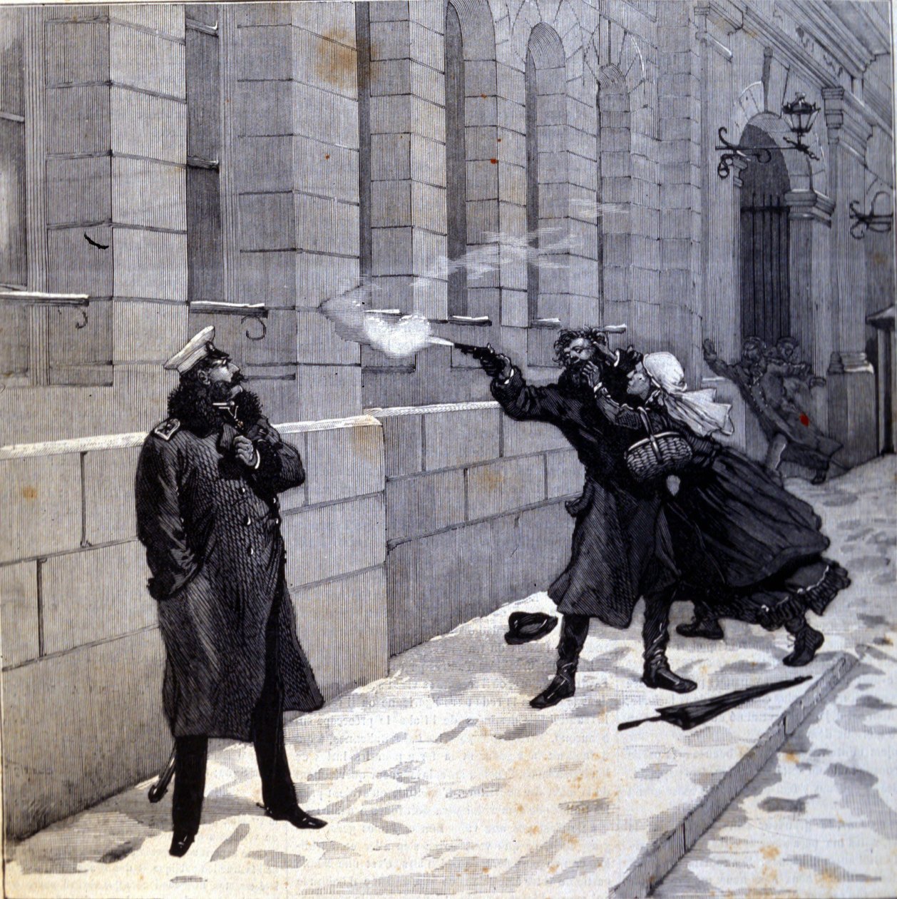 Attack riktad mot tsar Alexander II (1818 - 1881) i St. Petersburg 1879. Gravyr från 1800-talet av Unknown artist
