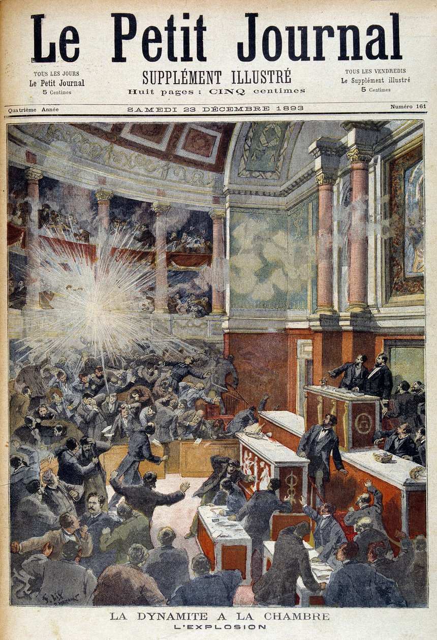 Attack i deputeradehuset. Explosion orsakad av en bomb från anarkisten Auguste Vaillant (1861-1894). i "" Le Petite journal"", 1893-12-23 av Unknown artist