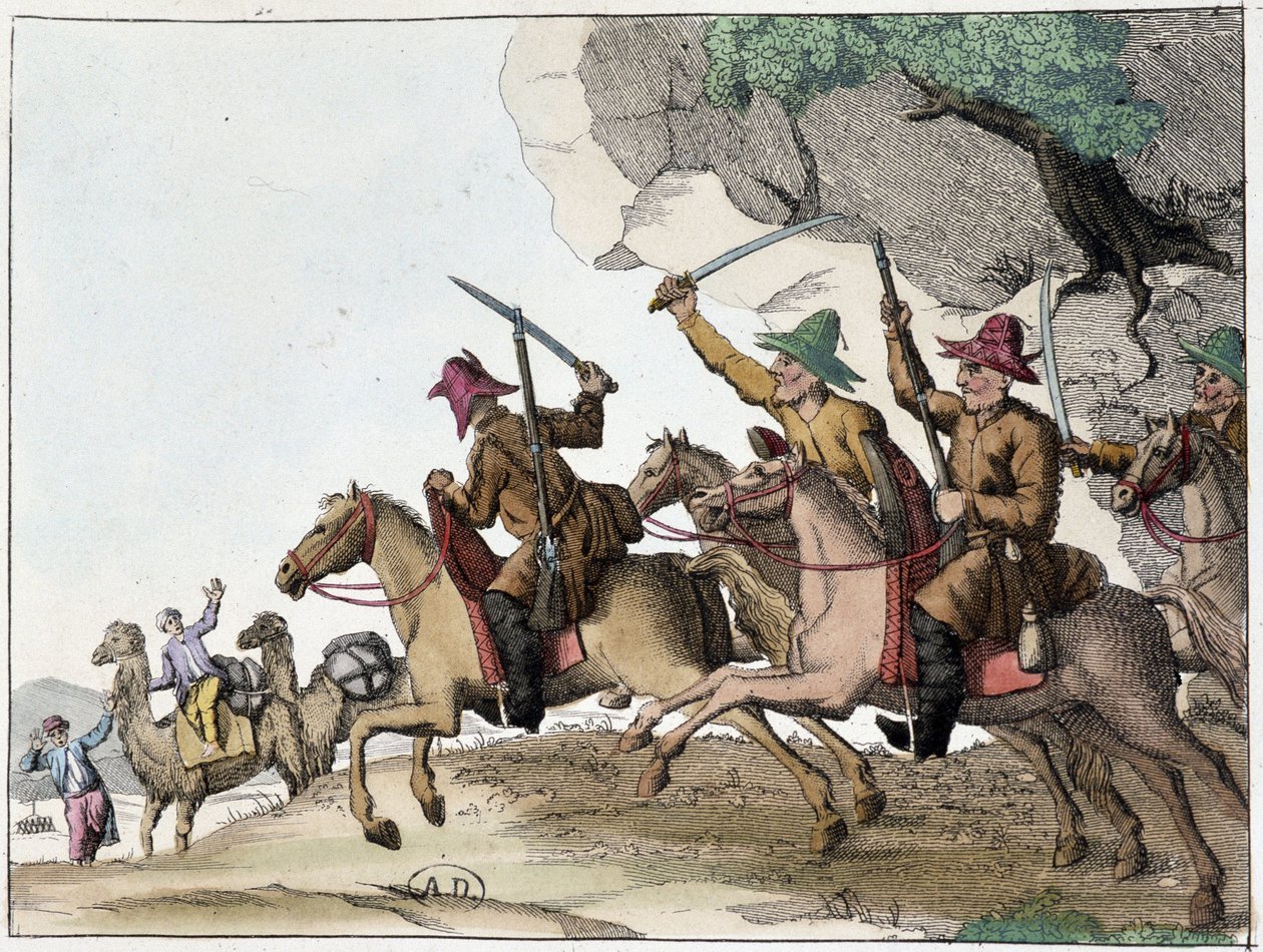 Attack av kamelkaravan av en grupp kirgiziska (centralasiatiska turkiska folk av mongoliskt ursprung) till häst, Deb. 1800-talet av Unknown artist