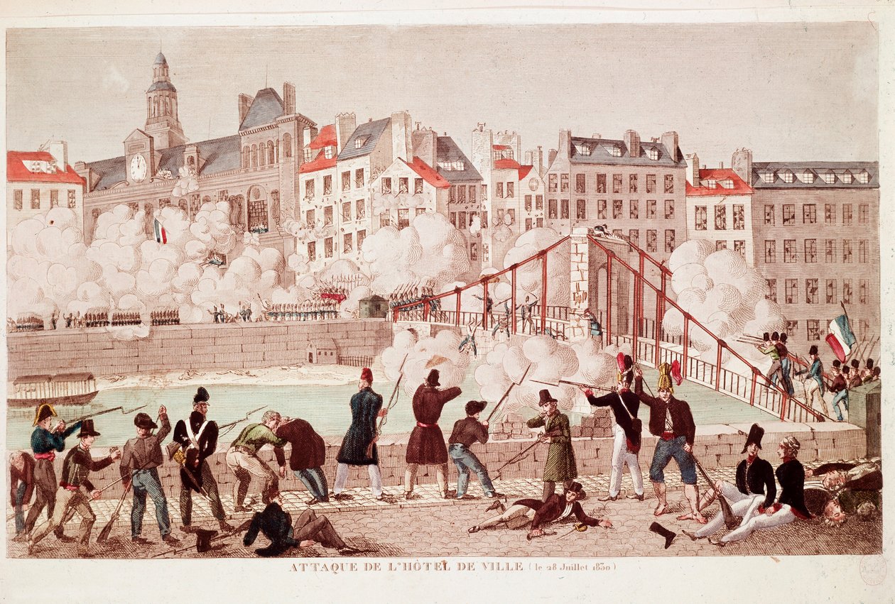 Attack av rådhuset i Paris och slaget vid bron i Arcola, 28 juli 1830 (gravyr) av Unknown artist