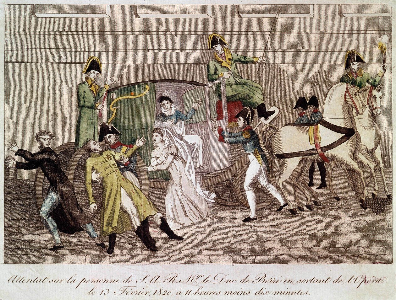 Attack på hertigen av Berry av Louis Pierre Louvel när han lämnade operan den 13 februari 1820. Gravyr 1800-talet. av Unknown artist