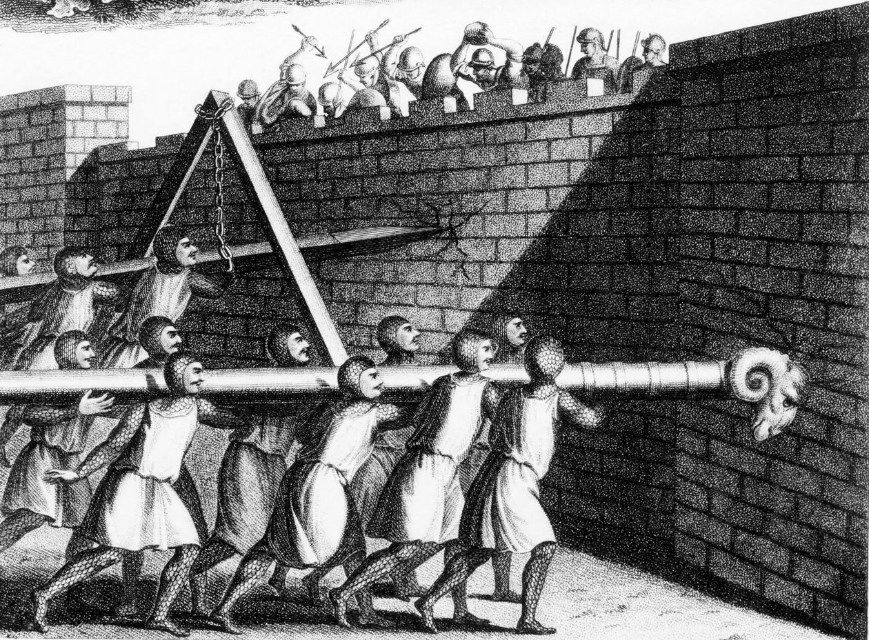 Anfallande väggar med slagkolvar. Den som var monterad på kedjor kunde få mer fart än en som bärs på axlar. Gravyr c 1800. av Unknown artist