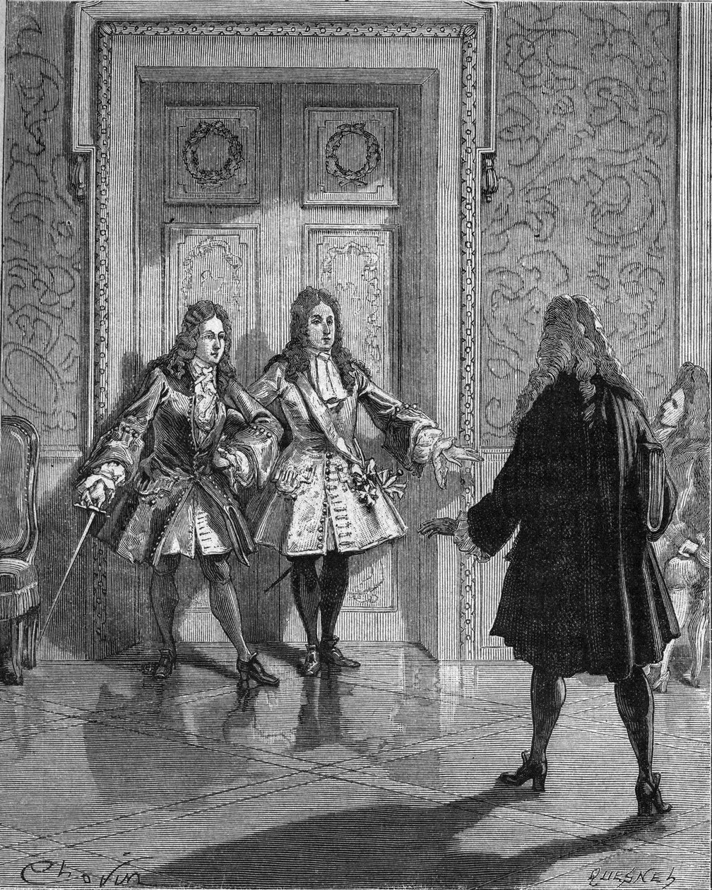 Augusti 1718: Saint Simon (Saint-Simon) (Louis de Rouvroy, hertig av) (1675-1755) blockerar passagen till hertigen av Maine (Louis Auguste (Louis-Auguste) av Bourbon) (1670-1736). Gravyr av 1800-talet. I "Frankrikes historia" av Jules Michelet av Unknown artist
