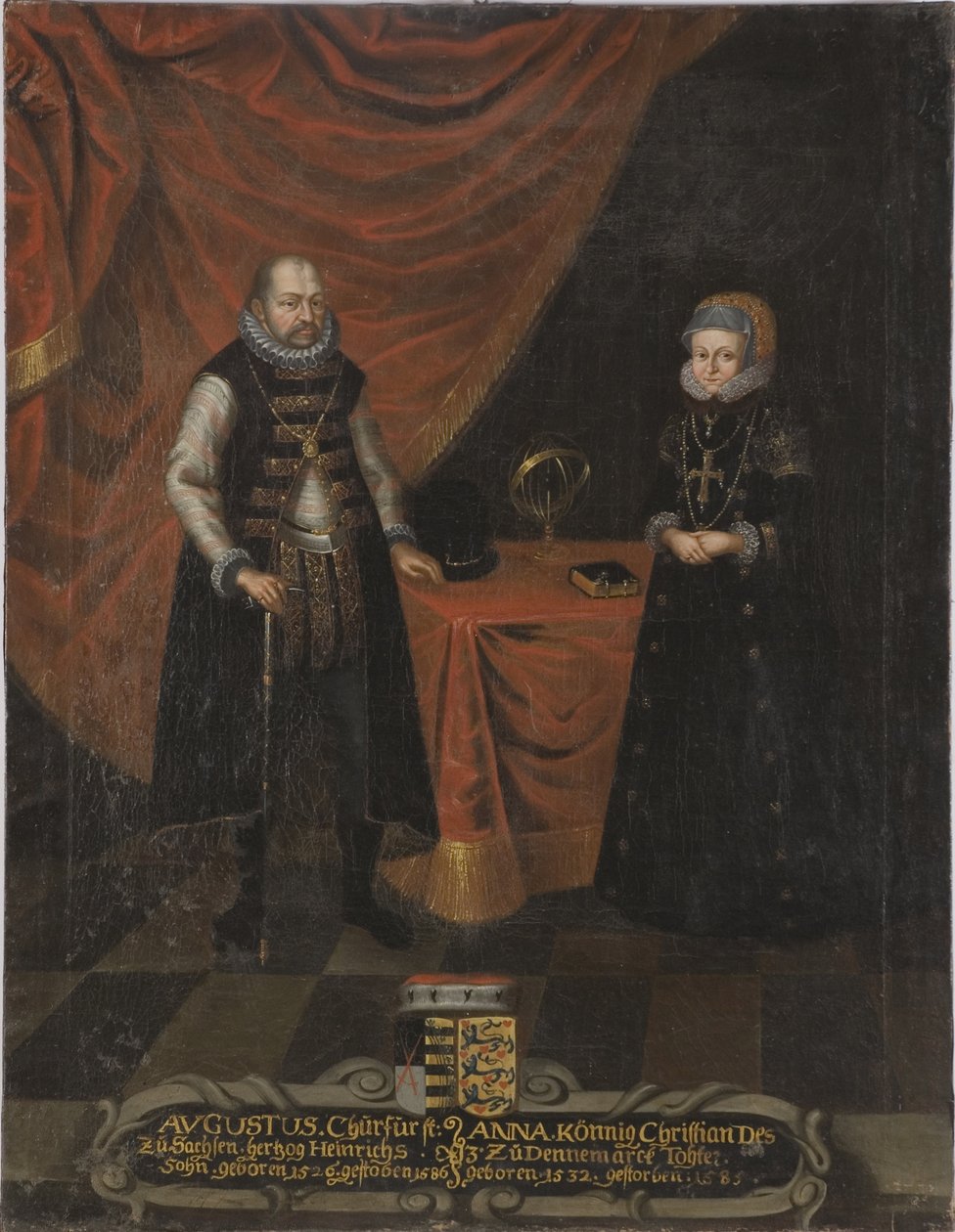 Auguste I, electeur de Saxe et princesse Anne du Danemark - Porträtt av Augustus (1526-1586), kurfursten av Sachsen och Anne av Danmark (1532-1585), kurfursten av Sachsen, Anonym . Olja på duk. Mått: 103x79,5 cm. Nationalmuseum Stockholm av Unknown artist