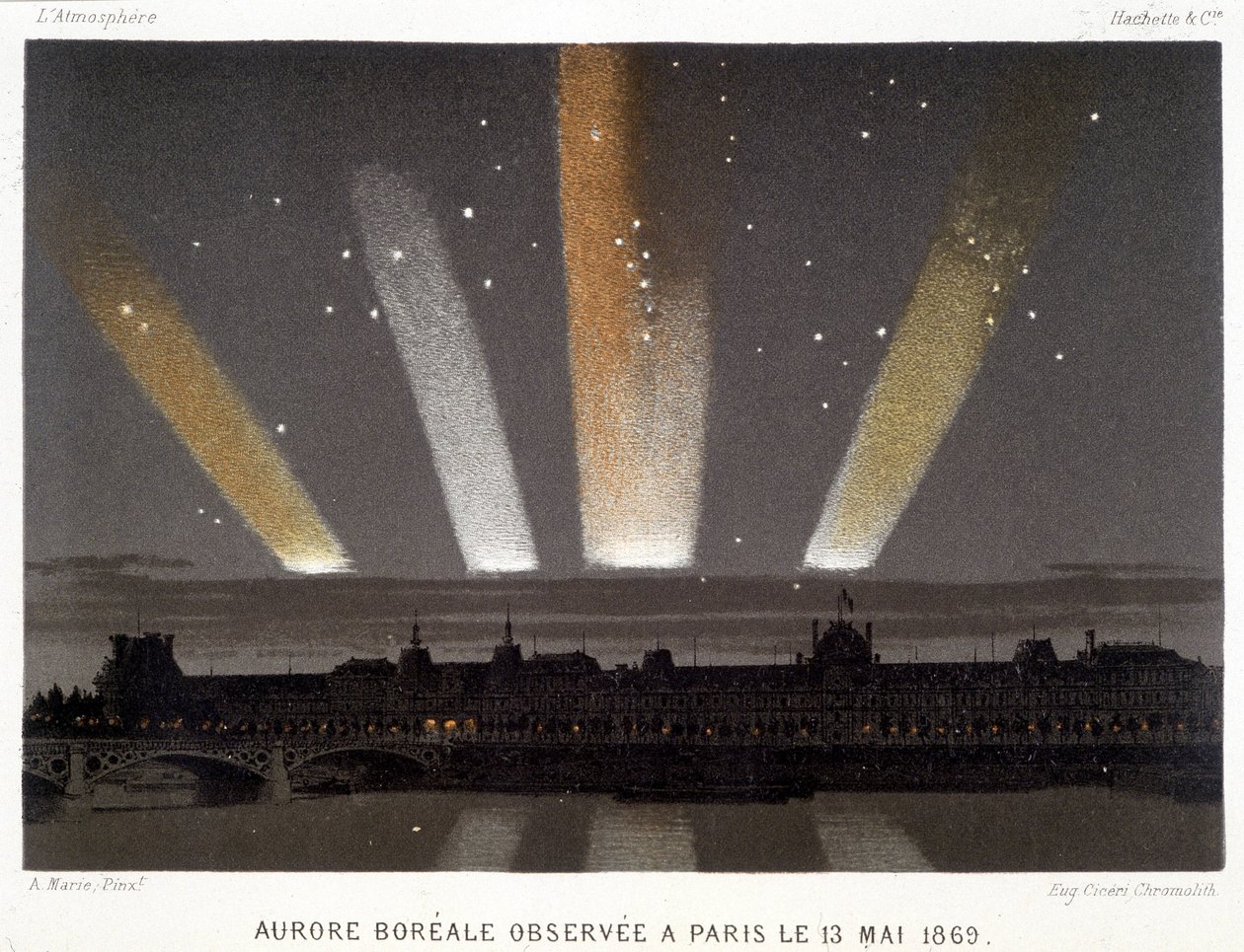 Aurora Borealis observerad i Paris den 13/05/1869 - i "" Magnetism and Electricity"" av Amédée Guillemin av Unknown artist
