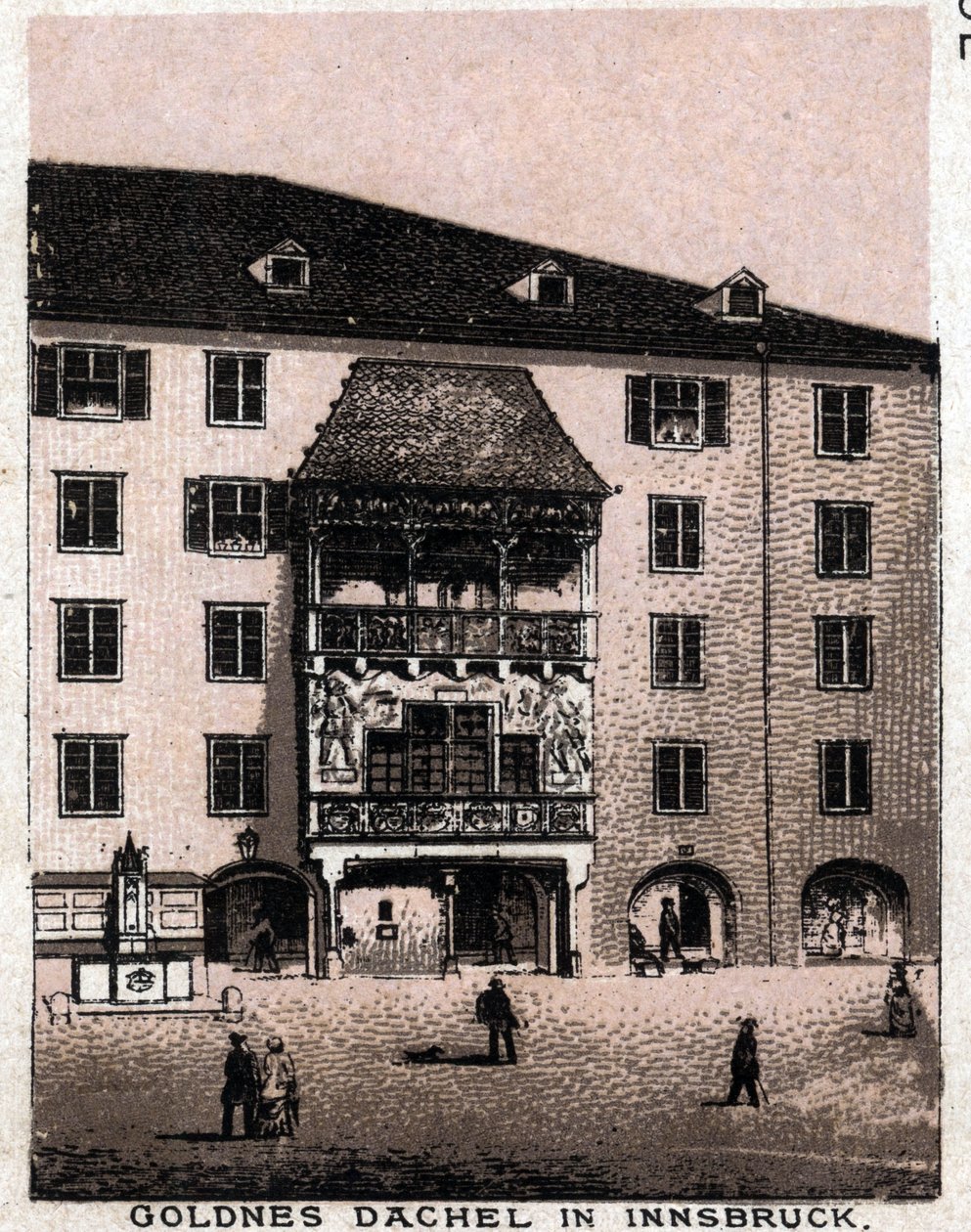 Österrikiska Tyrolen: utsikt från balkongen säger det gyllene taket (Goldnes Dachel) i Innsbruck. i "" Världen illustrerar 168 vyer"" Odaterat (slutet av 1800-talet) av Unknown artist