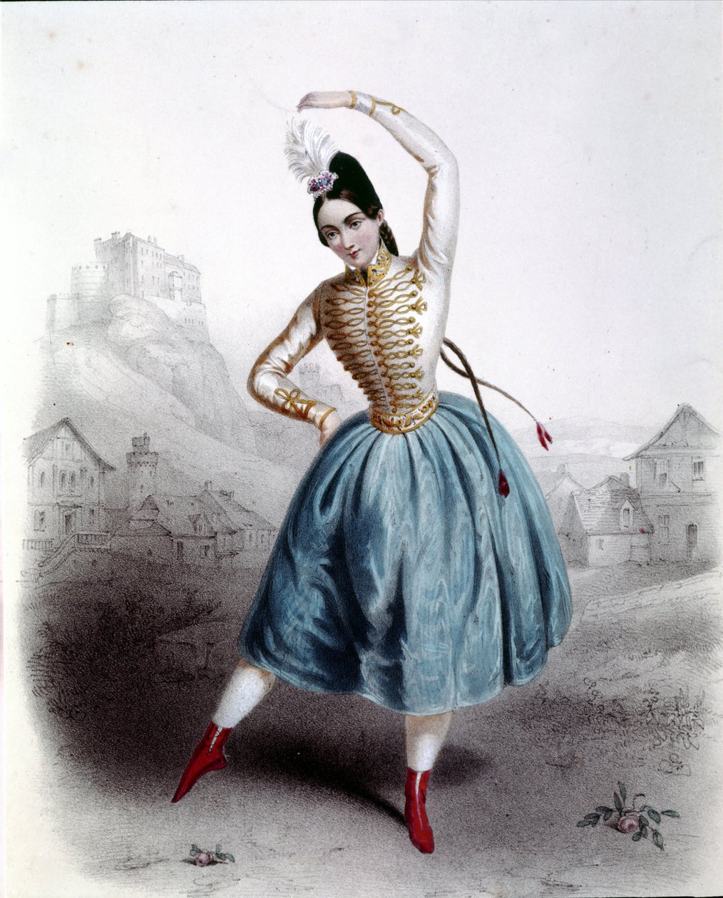 Den österrikiska dansaren Fanny Elssler (1810-1884) i baletten "The Krakow" (La gipsy) 1842 1800-talstryck av Unknown artist