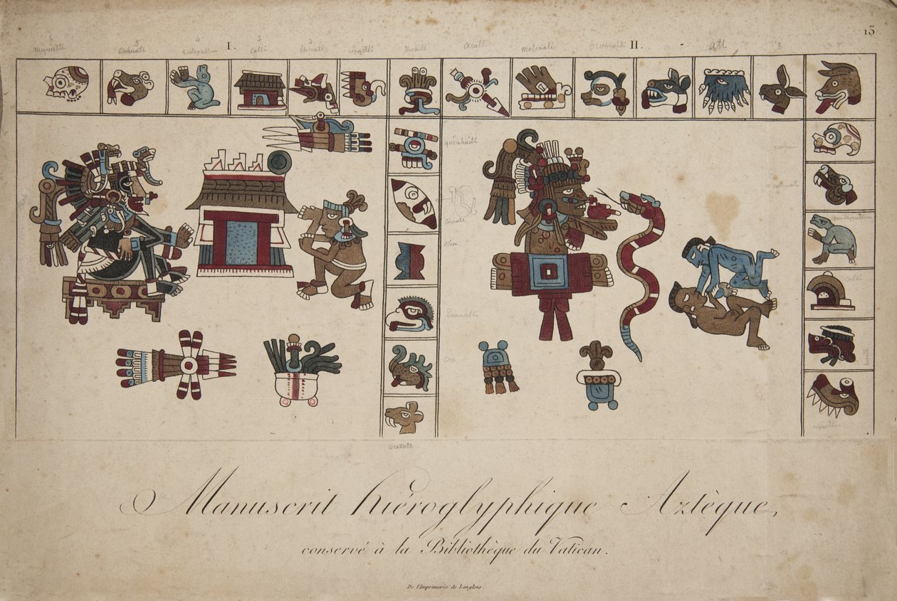 Aztekiskt hieroglyfiskt manuskript i Vatikanens bibliotek (litografi) av Unknown artist
