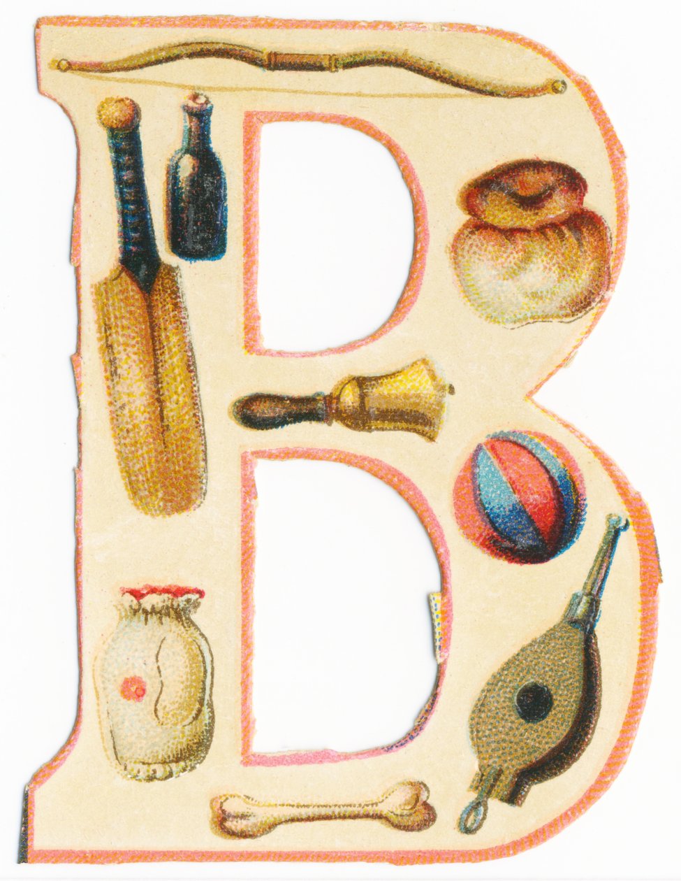 B: rosett, baseballträ, flaska, brioche, klocka, ballong, ben, väska, bälg (färg litho) av Unknown artist