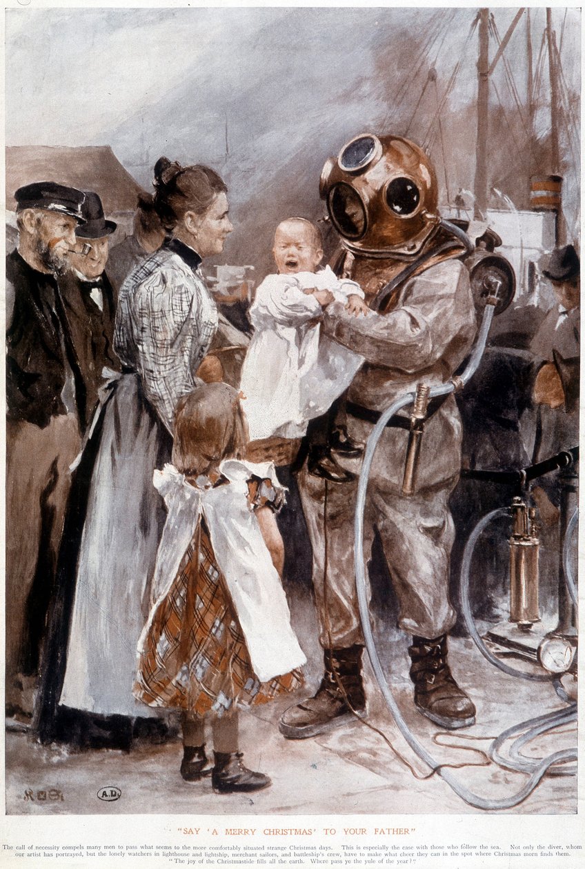 Bebis som gråter i famnen på sin fars scaphandler. av Unknown artist