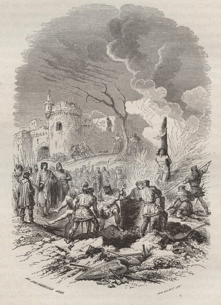 Baldwin V, greve av Flandern (1012-1067) återupprättar polisen i dess stater - Gravyr 1868 i "Belgiens historia från primitiv tid till slutet av regen av Leopold I" av Theodore Juste (1818-1888) - Privat samling av Unknown artist