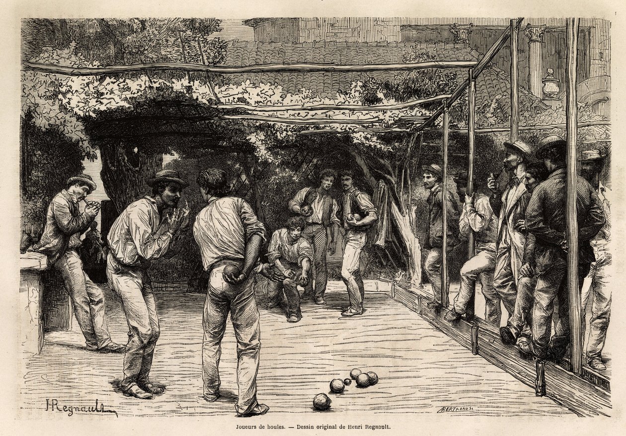 Bollspelare i Rom (Italien). Gravyr för att illustrera resan till Rom, av Francis Wey, 1864-1868, publicerad i "Le tour du monde, nouveau journal des voyages", under ledning av Edouard Charton av Unknown artist
