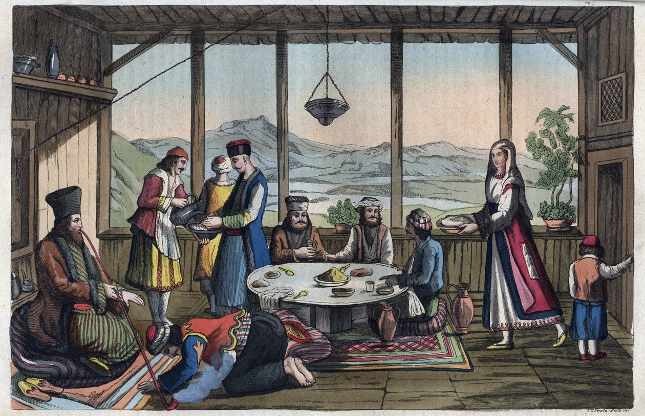 Bankettscen i Grekland på 1800-talet - gravyr från "" Seder och traditioner för alla folk i universum. Det vill säga historien om regeringen, om lagarna, om milisen, om religionen för alla nationer från de mest avlägsna tiderna till våra dagar "1856 av Unknown artist