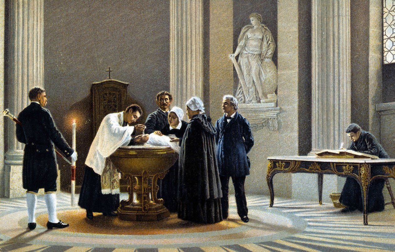 Dop av en bebis i en kyrka. 1800-talets kromolitografi. av Unknown artist