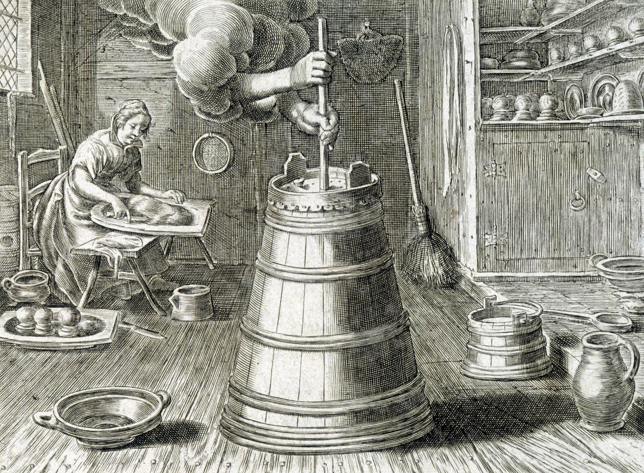 Baratte för smör- och osttillverkning - gravyr av Unknown artist