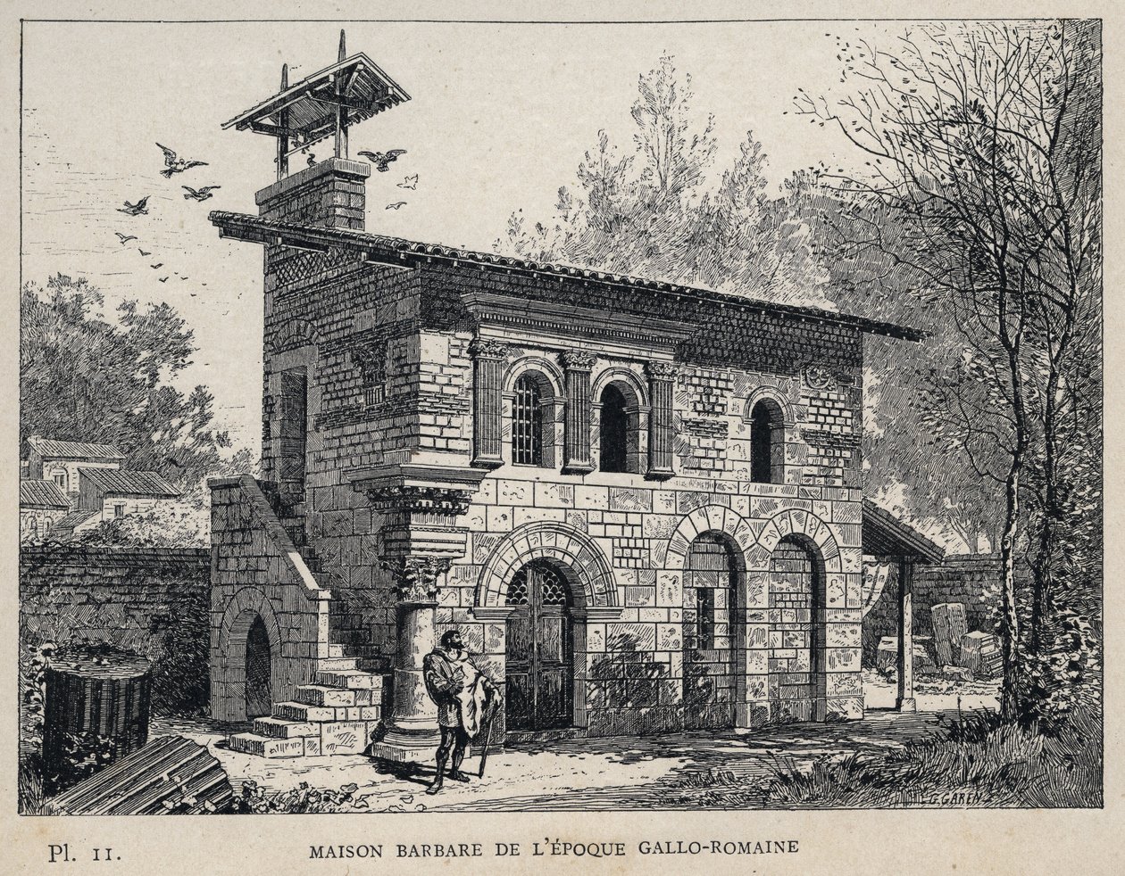 Barbarian House of the Gallo Roman Period (Gallo-romerska) - (Barbarian House Gallo Roman era) gravyr från 1889 i "History of human habitation at the Universal Exhibition of 1889, by Mr Charles GARNIER - Librairie centrale des beaux-arts Paris 1889 av Unknown artist