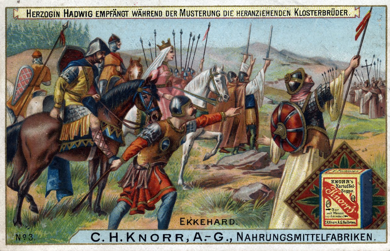 Barbarian invasioner - Under granskningen av trupperna tar hertiginnan Hadwig emot munkarna som närmar sig i bakgrunden. av Unknown artist