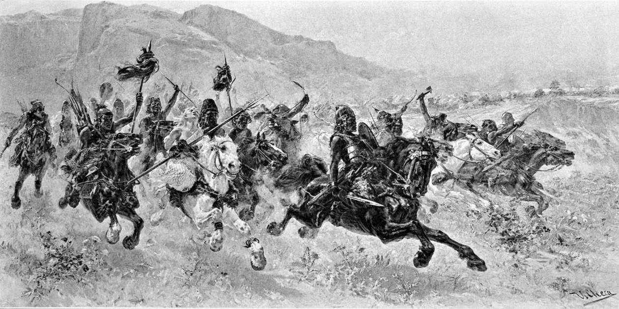 Barbariska invasioner - Les Huns - Gravyr av U. Checa av Unknown artist