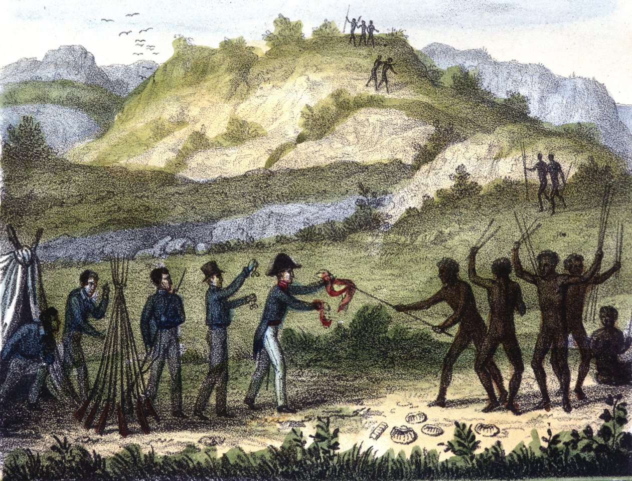 Bytesplats mellan de infödda och västerlänningarna efter "" Razze e popoli della Terra", tidigt 1800-tal. av Unknown artist