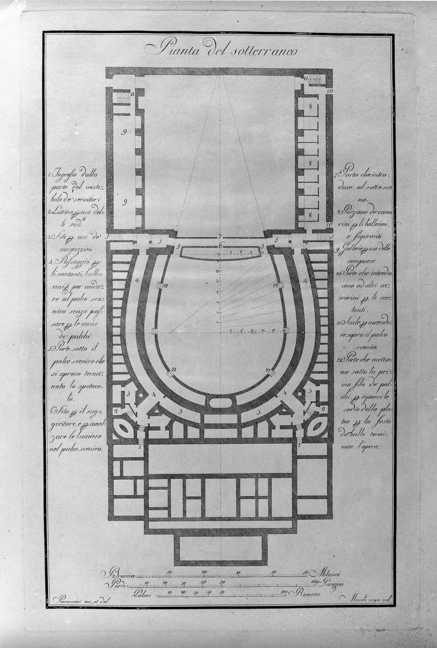 Källarplan för teatern de la Scala i Milano ca. 1776-1778 Italien (Teatro alla scala) (Arkitektonisk karta över tunnelbanan av teatern i Scala, Milano) Gravyr av Unknown artist