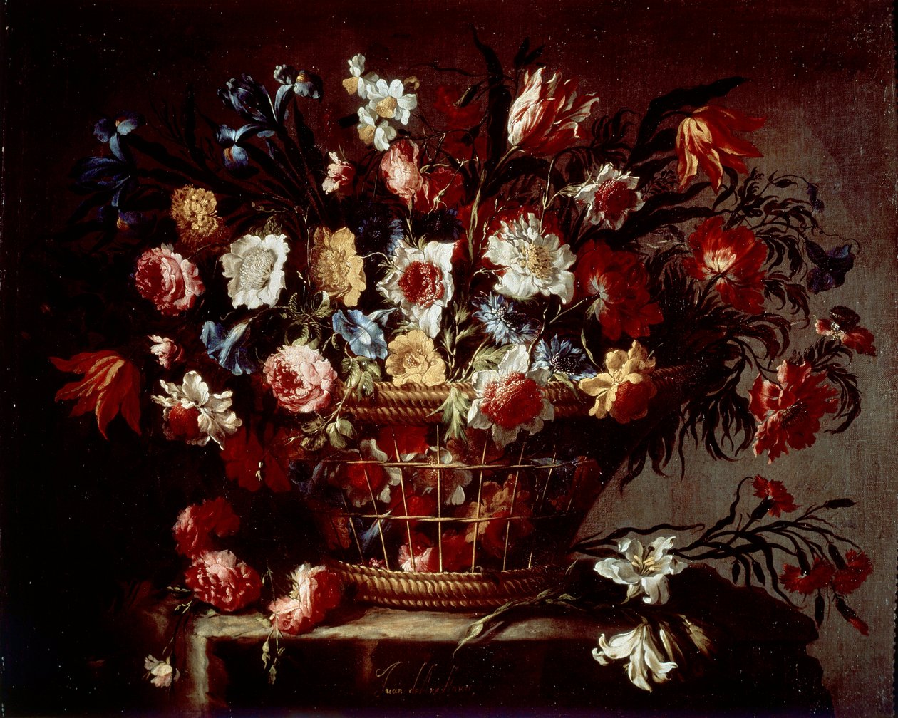 Korg med blommor (olja på duk av Unknown artist