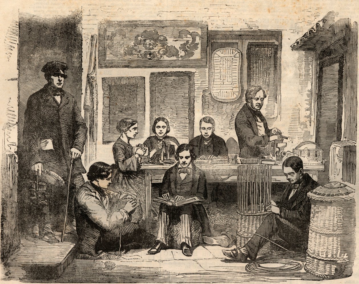 Basketry and Reading Workshop for the Blind ligger på Euston Road i London och anordnas av Association for Promoting the General Welfare of the Blind, en förening för att hjälpa blinda att hitta arbete. Gravyr i "" The illustrated London News"" av 24 av Unknown artist