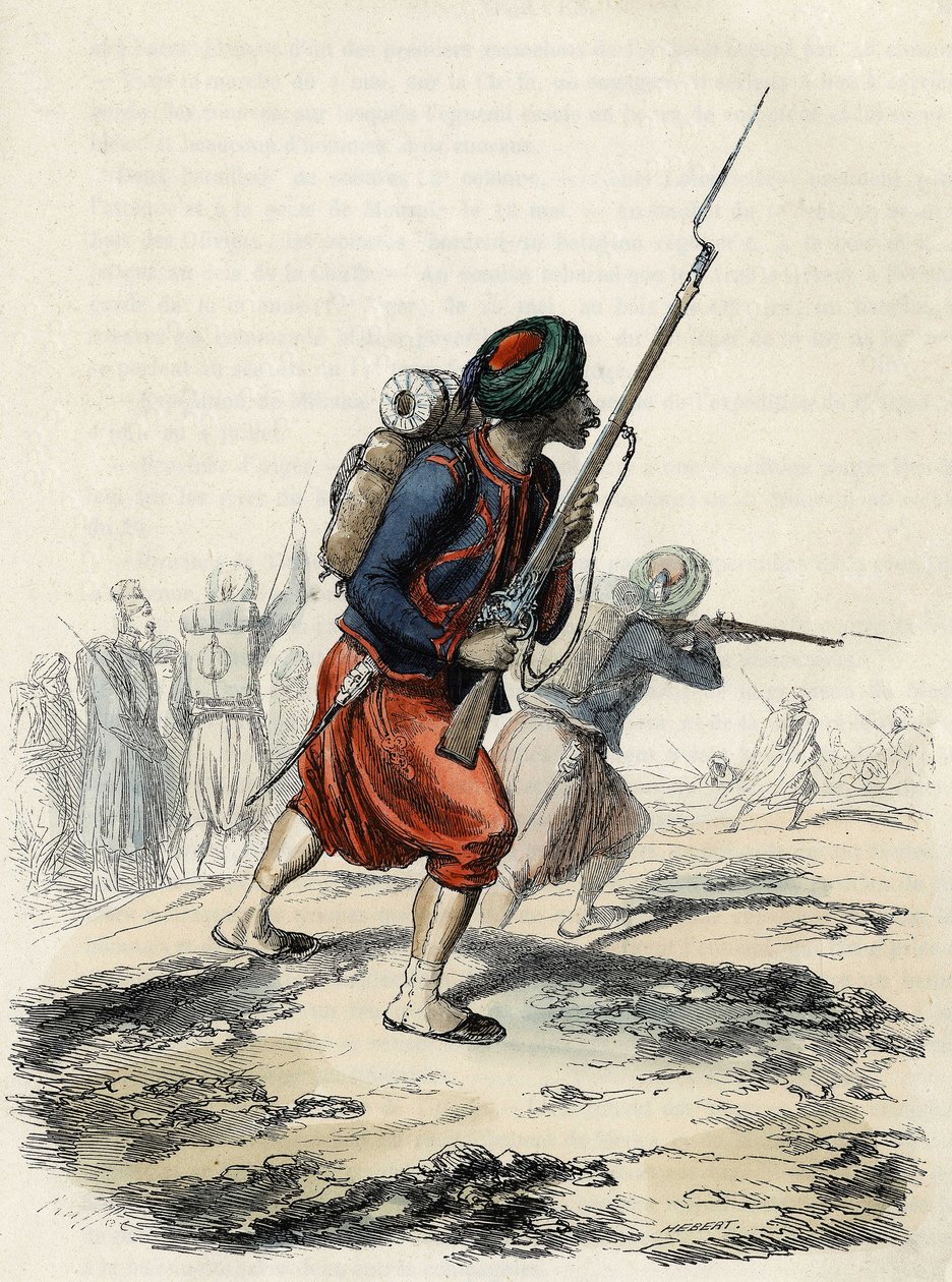 Bataljon av Zouaves från den franska Armeen, sammansatt av infödda, bildad av general Clausel 1830 för expeditionen av Atlas till Algeriet, In "" L
