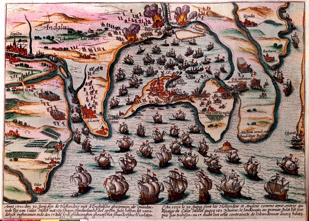 Battle Plan of Cales Males (Spanien) den 30 juni 1596. Den holländska och engelska arméns flotta går in som vänner i Cales Males med 180 fartyg. Nästa dag den 1 juli, överraskade av förräderi, var de tvungna att överge staden med skam. Gravyr av Unknown artist