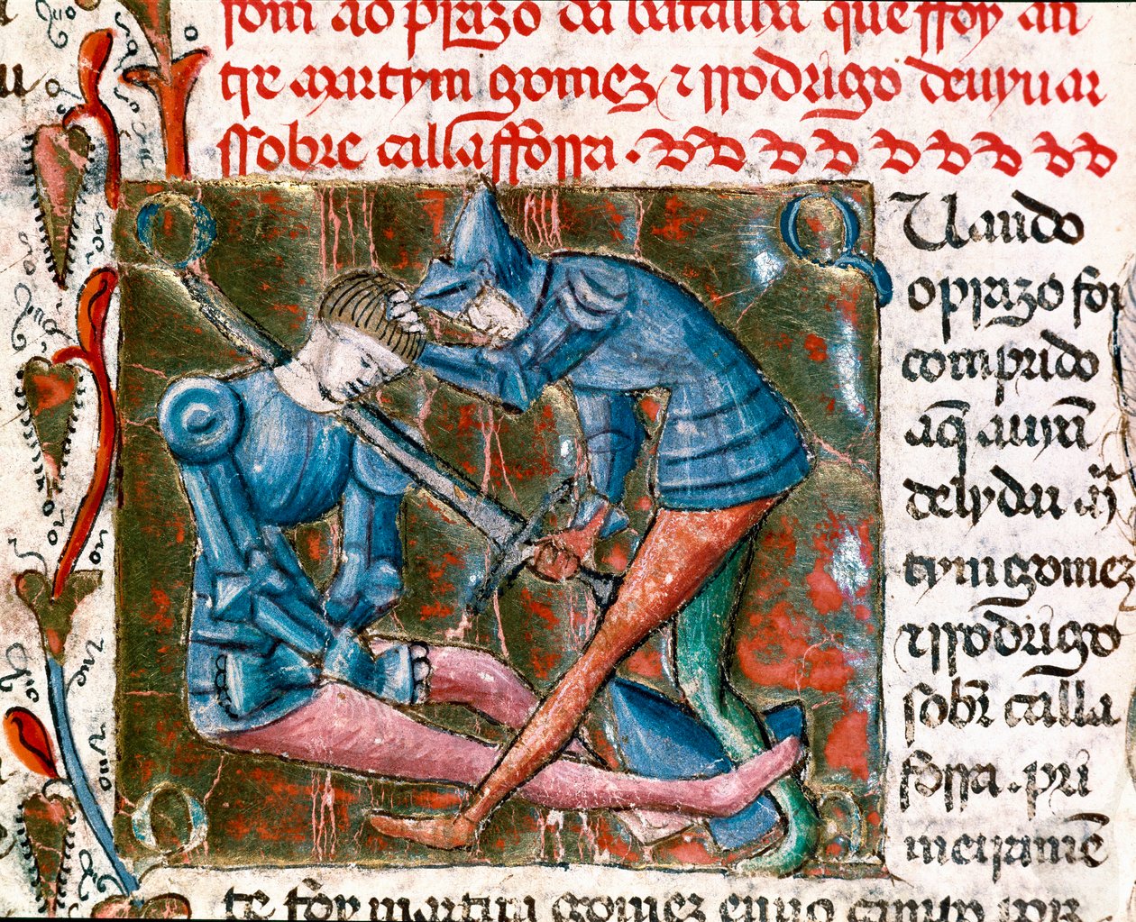 Strid mellan Rodrigo Diaz de Vivar dit Le Cid (1043-1099) och Martin Gomez. Miniatyrbild "" Chronicles of Spain"" av Unknown artist