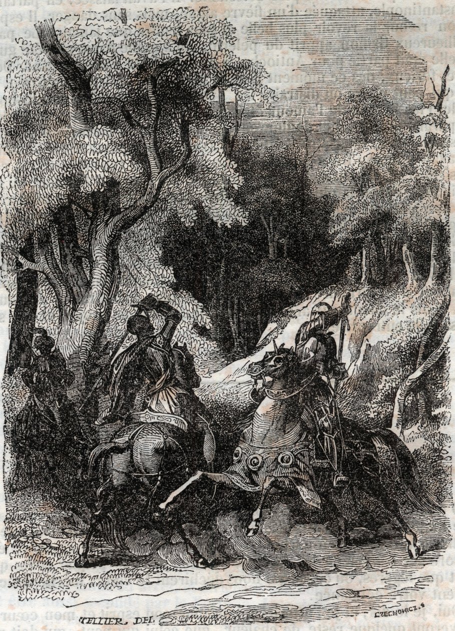 Slaget mellan Roland och Ferragus - gravyr från 1851 från "" Furious Roland"" (Orlando furioso) (1500-talet) av Ludovico Ariosto, känd som Ariosta - Edition översatt från italienska av greven av Tressan och publicerad av Gustave Harvard 1851 av Unknown artist