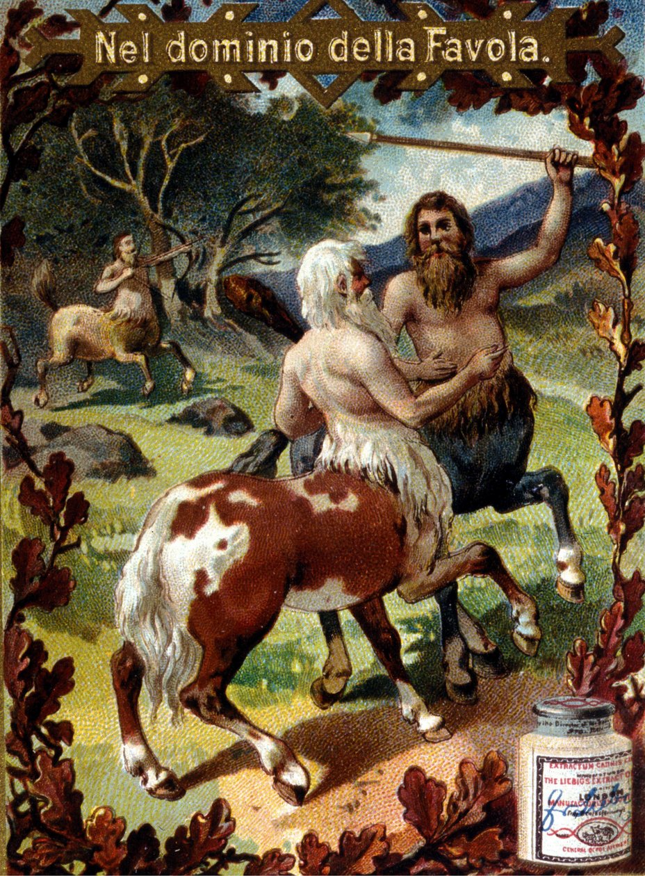Kamp mellan kentaurer. Reklamvinjett. kromolitografi från slutet av 1800-talet. av Unknown artist
