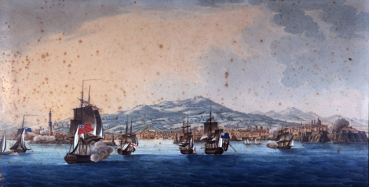 Strid i Genes Harbour mellan franska och engelska fartyg. Andre Massena driver Genes huvudkontor. Anonym målning från 1800-talet. Museo Navale de Genova Pegli. av Unknown artist