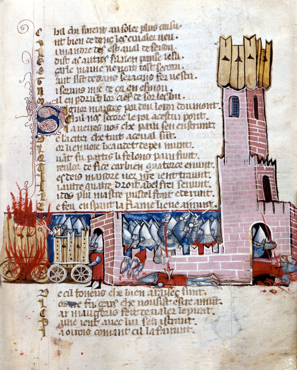 Slag i ett slott. Tankarna brinner. Manuskript från 1200-talet. Marciana Venedig. av Unknown artist