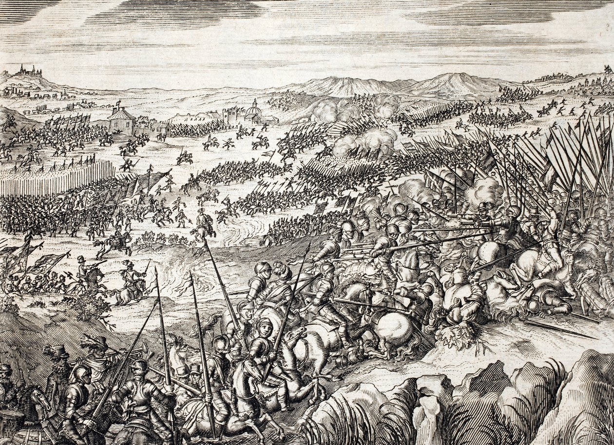Slaget vid Gembloux (1578) (Slaget vid Gembloux) Spansk armé mot armén av 16 av de sjutton provinserna i Nederländerna - gravyr i "Histoire De La Guerre Des Paisles-Bas" av Famiano Strada (1572-1649) av Unknown artist
