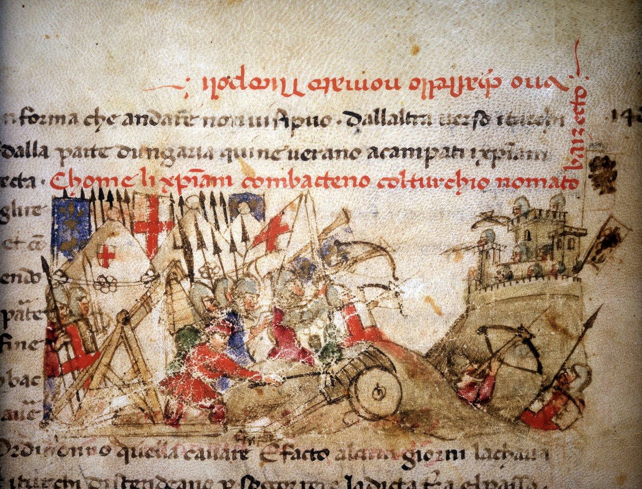 Slaget vid Nicopolis: de kristnas nederlag av Bayazid I (Turkiet), den 28/09/1396 - i "" Croniche del Sercambi"", cirka 1400. Nationalarkivet, Lucca. av Unknown artist