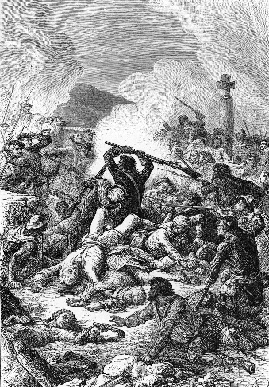 Slaget vid Ponte Novu på Korsika mellan fransk armé ledd av Comte de Vaux och korsikanska trupper Pasquale Paoli, 9 maj 1769. 1800-talet (gravyr) av Unknown artist