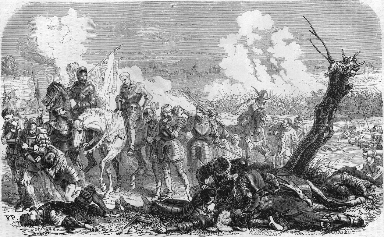 Slaget vid Saint Quentin 1557, en episod av det långa kriget som motsätter sig kungariket Frankrike och Spanien. Gavure av 1800-talet. av Unknown artist