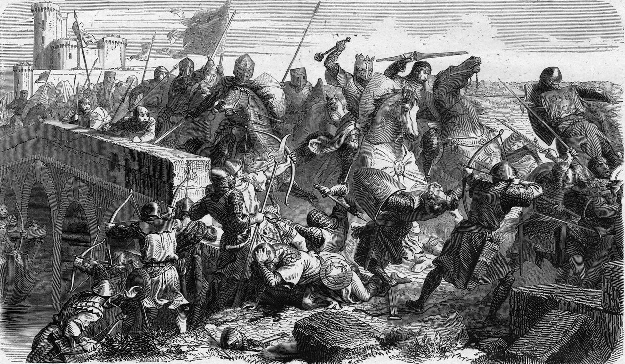 Slaget vid Taillebourg 1242 opponerade de kapetianska trupperna av kungen av Frankrike Ludvig IX (Saint Louis, Saint Louis) och hans bror greven av Poitiers Alphonse mot de av deras vasallrevolter, Henrik III av England och Hugues X av Lusignan av Unknown artist